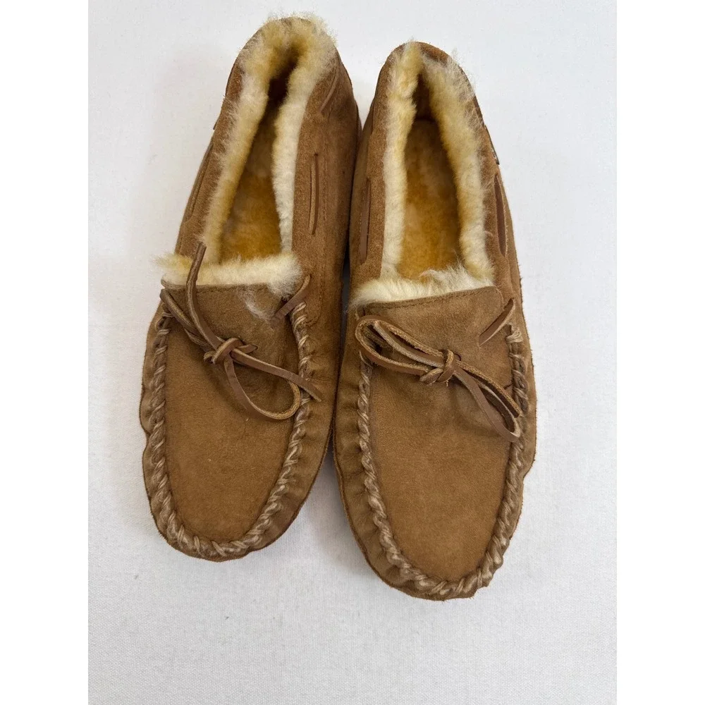 LL Bean Wicked Good Moc Suede Moccasin Slippers Mens 9 Brown Shearling Lining